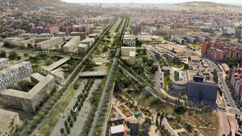 Transformar la B-23: entre cosir cicatrius i continuar especulant amb el territori Recreació del sector de TV3. Vista direcció Barcelona. A la dreta, els estudis de TV3, l’hotel Ibis i l’Hespèria. A l’esquerra, les Basses de Sant Pere. | Batlle i Roig Arquitectes