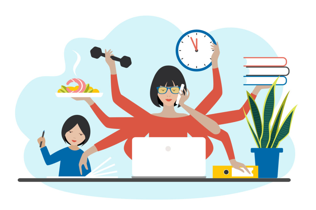 Els homes destinen de mitjana 73 minuts diaris menys que les dones a ocupar-se de la família i la llar Multitask woman. Mother, businesswoman with child, working, coocking and calling. Flat vector.