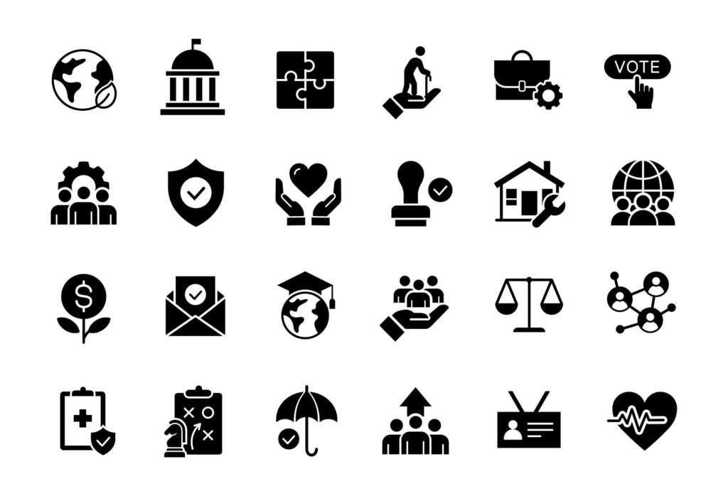 Social Policy icon set. Welfare and public services symbol. Containing government, society, education, reform, healthcare, legislation, insurance, protection, community and more. Vector illustration.