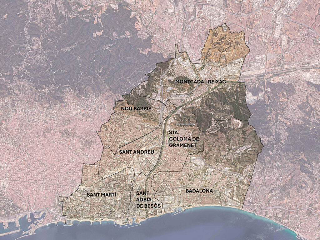 L’àmbit de la Coordinadora Veïnal del Baix Besòs inclou Badalona, Montcada, Sant Adrià i Santa Coloma i els barris dels districtes de Barcelona propers al riu: Sant Martí, Sant Andreu i Nou Barris // Mapa del Consorci del Besòs